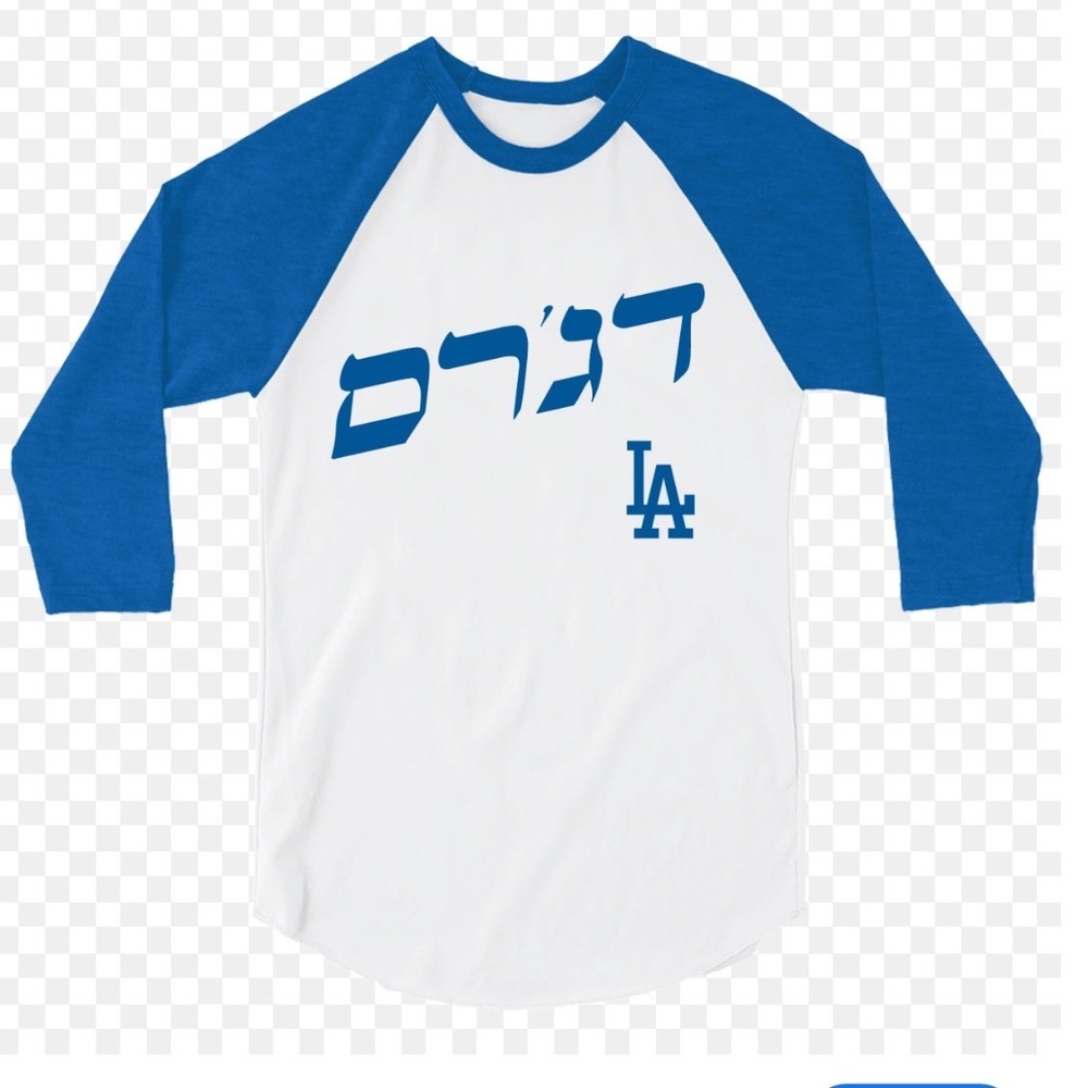 Pacific Los Angeles Dodgers Hebrew Graphic Raglan Baseball Tee Blue White LG